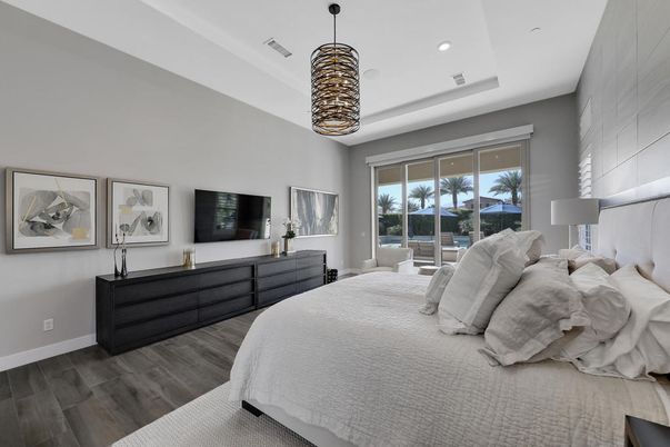 Bedroom, Interior, Pendant Lights, Recessed Lighting, Wood Texture Flooring