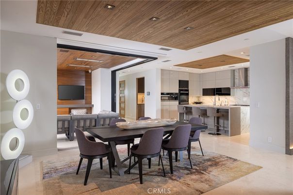 Dining room, Interior, Kitchen, Marble Walls, Recessed Lighting, Stainless Steel Appliances, Wooden Ceilings