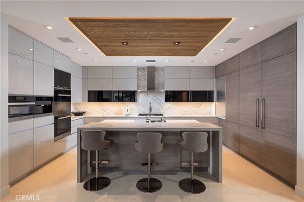 Interior, Kitchen, Marble Walls, Recessed Lighting, Stainless Steel Appliances, Wooden Ceilings