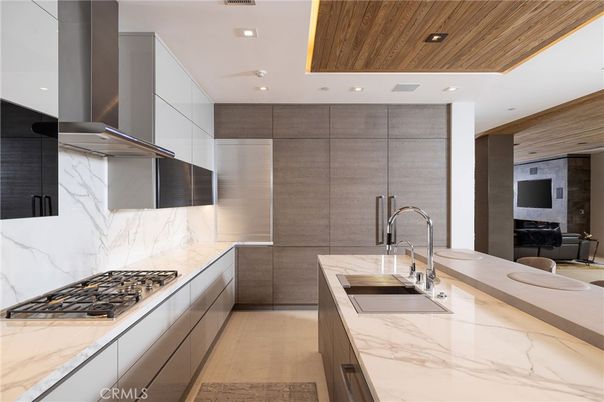 Interior, Kitchen, Marble Walls, Recessed Lighting, Wooden Ceilings