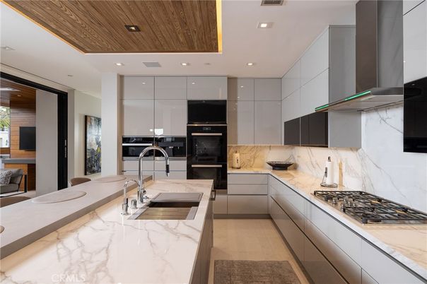 Interior, Kitchen, Marble Walls, Recessed Lighting, Wooden Ceilings