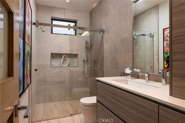 Bathroom, Glass Shower, Interior, Recessed Lighting, Wood Texture Flooring