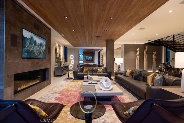 Fireplace, Interior, Living room, Recessed Lighting, Wooden Ceilings