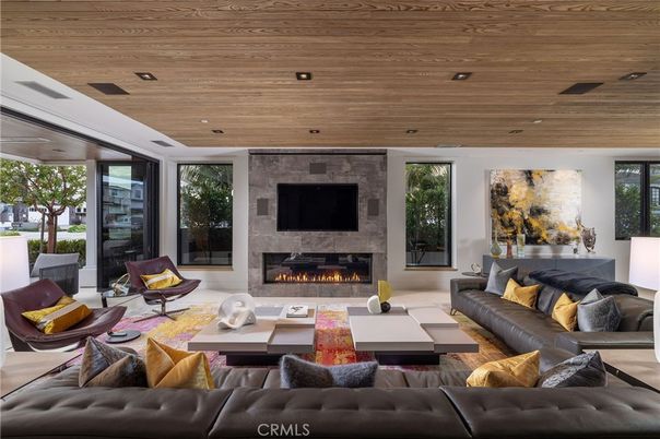 Fireplace, Interior, Living room, Recessed Lighting, Stone Walls, Wooden Ceilings