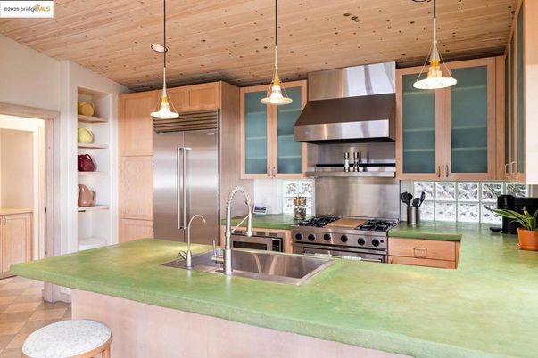 Interior, Kitchen, Pendant Lights, Stainless Steel Appliances, Wooden Ceilings