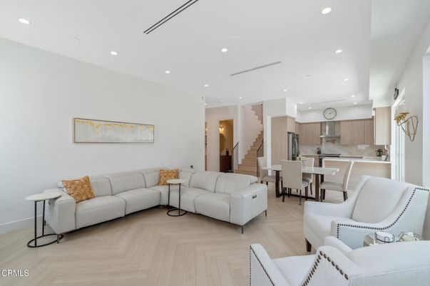 Dining room, Interior, Kitchen, Living room, Recessed Lighting, Wood Texture Flooring