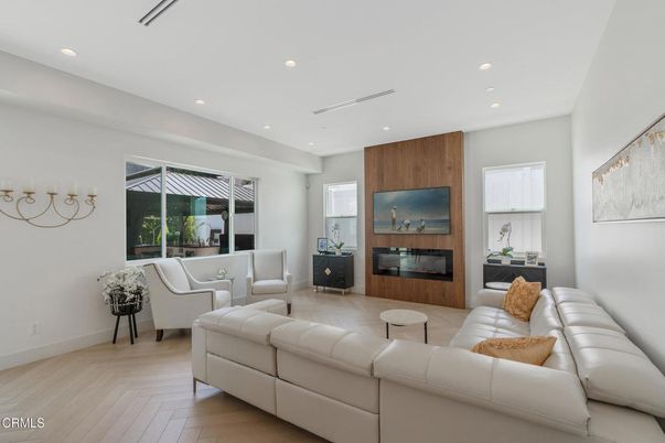 Fireplace, Interior, Living room, Recessed Lighting, Wood Texture Flooring, Wooden Walls