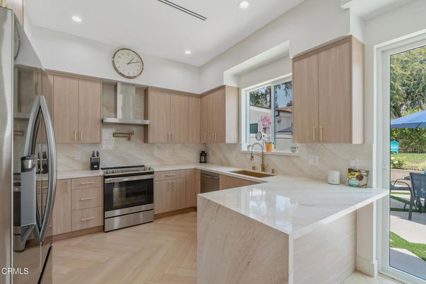 Interior, Kitchen, Recessed Lighting, Stainless Steel Appliances, Wood Texture Flooring