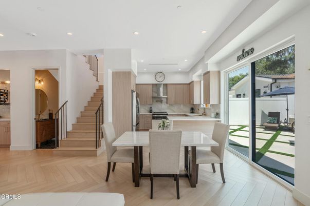 Dining room, Interior, Kitchen, Recessed Lighting, Stainless Steel Appliances, Wood Texture Flooring