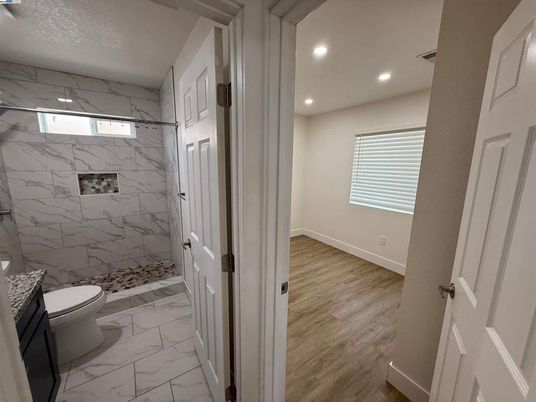 Bathroom, Interior, Marble, Marble Walls, Recessed Lighting, Wood Texture Flooring