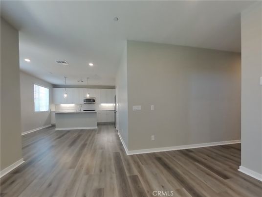 Empty room, Interior, Kitchen, Pendant Lights, Recessed Lighting, Wood Texture Flooring