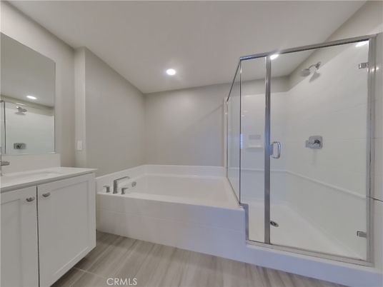 Bathroom, Glass Shower, Interior, Recessed Lighting, Wood Texture Flooring