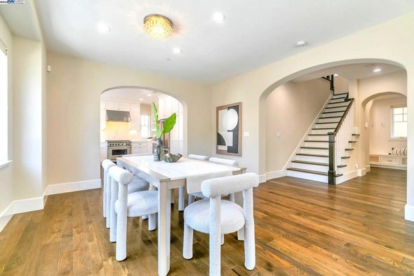 Dining room, Interior, Kitchen, Recessed Lighting, Stainless Steel Appliances, Wood Texture Flooring