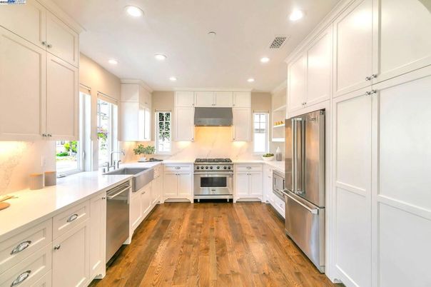 Interior, Kitchen, Recessed Lighting, Stainless Steel Appliances, Wood Texture Flooring