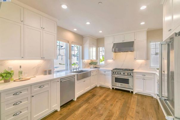 Interior, Kitchen, Recessed Lighting, Stainless Steel Appliances, Wood Texture Flooring