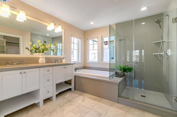 Bathroom, Dual Sink Vanities, Glass Shower, Interior, Marble, Recessed Lighting