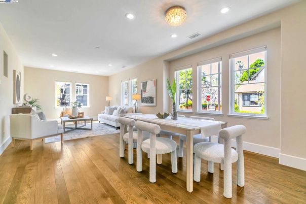 Dining room, Interior, Living room, Recessed Lighting, Wood Texture Flooring