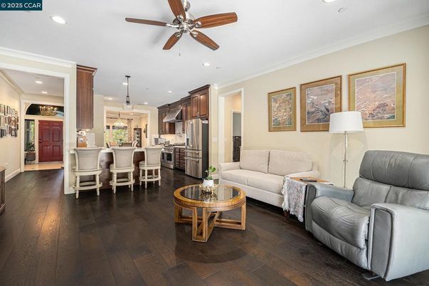 Dining room, Interior, Kitchen, Living room, Pendant Lights, Recessed Lighting, Stainless Steel Appliances, Wood Texture Flooring