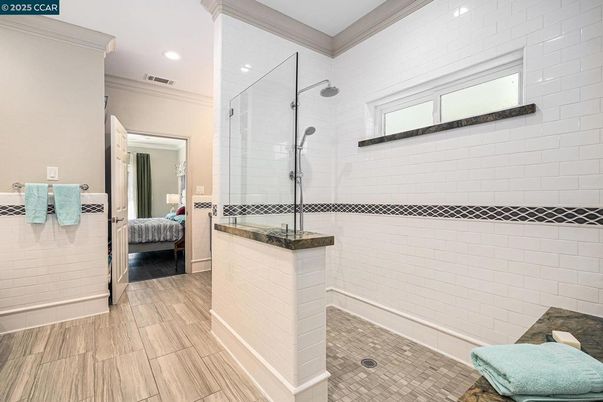 Bathroom, Bedroom, Glass Shower, Interior, Recessed Lighting, Wood Texture Flooring