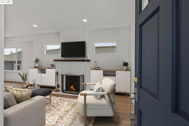 Fireplace, Interior, Living room, Recessed Lighting, Wood Texture Flooring