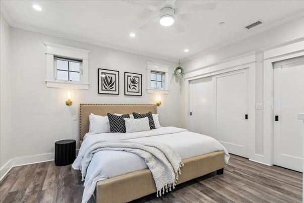 Bedroom, Interior, Recessed Lighting, Wood Texture Flooring