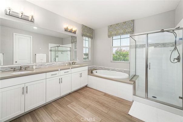 Bathroom, Dual Sink Vanities, Glass Shower, Interior, Wood Texture Flooring
