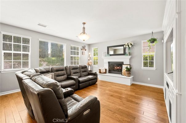 Fireplace, Interior, Living room, Pendant Lights, Wood Texture Flooring