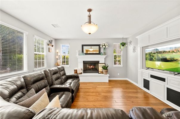 Fireplace, Interior, Living room, Pendant Lights, Wood Texture Flooring