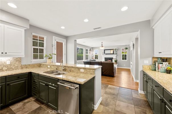 Fireplace, Interior, Kitchen, Living room, Pendant Lights, Recessed Lighting, Wood Texture Flooring