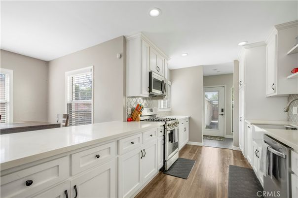 Interior, Kitchen, Recessed Lighting, Stainless Steel Appliances, Wood Texture Flooring