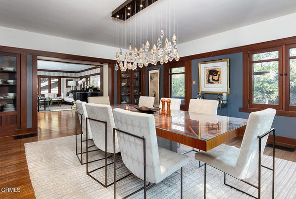 Dining room, Interior, Pendant Lights, Piano, Wood Texture Flooring