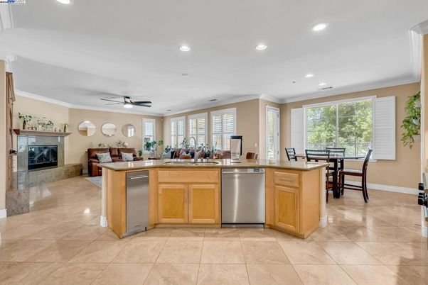 Dining room, Fireplace, Interior, Kitchen, Recessed Lighting, Stainless Steel Appliances