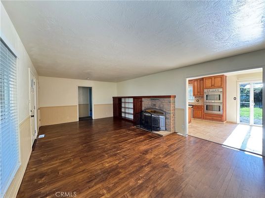 Empty room, Fireplace, Interior, Kitchen, Wood Texture Flooring