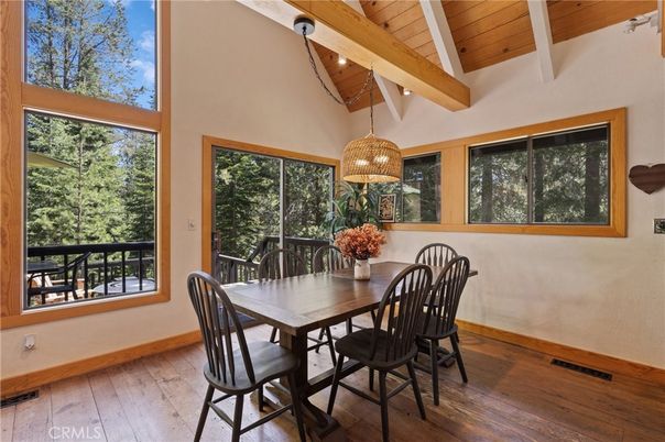 Dining room, Interior, Pendant Lights, Wooden Beams, Wooden Ceilings, Wood Texture Flooring