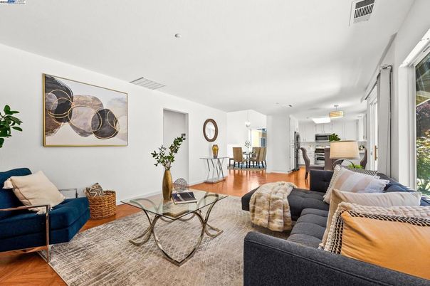 Dining room, Interior, Kitchen, Living room, Pendant Lights, Stainless Steel Appliances, Wood Texture Flooring