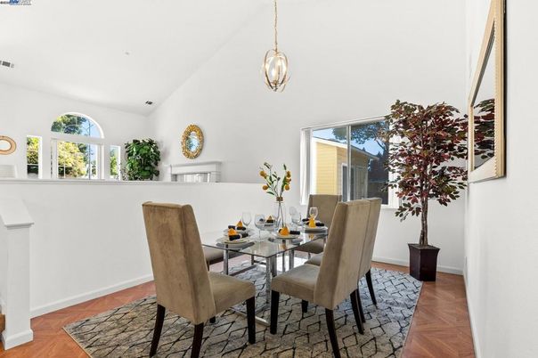 Dining room, Interior, Pendant Lights, Wood Texture Flooring