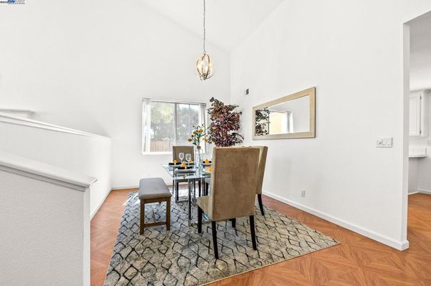 Dining room, Interior, Pendant Lights, Wood Texture Flooring
