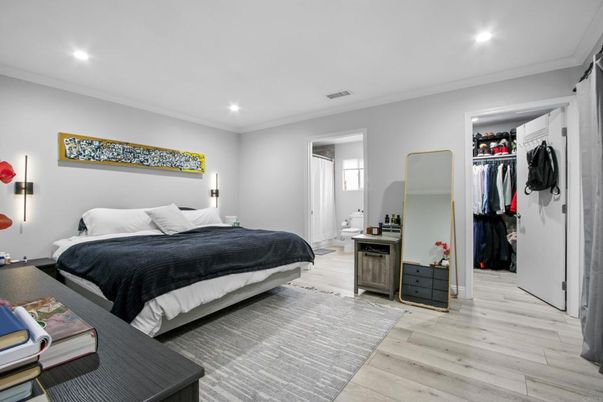 Bedroom, Interior, Recessed Lighting, Wood Texture Flooring