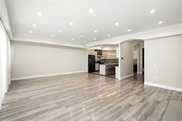 Empty room, Interior, Kitchen, Recessed Lighting, Wood Texture Flooring