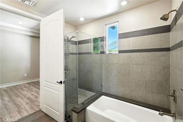 Bathroom, Glass Shower, Interior, Recessed Lighting, Wood Texture Flooring