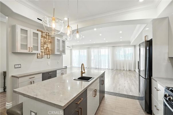 Interior, Kitchen, Pendant Lights, Recessed Lighting, Stainless Steel Appliances, Wood Texture Flooring