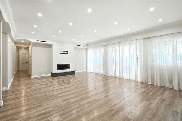 Empty room, Fireplace, Interior, Recessed Lighting, Wood Texture Flooring