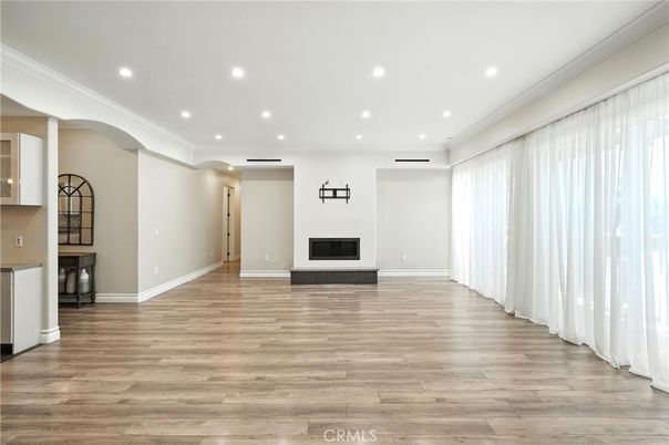 Empty room, Fireplace, Interior, Recessed Lighting, Wood Texture Flooring