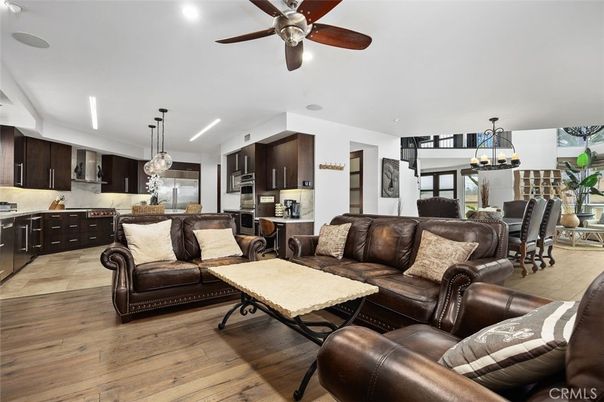 Chandelier, Dining room, Interior, Kitchen, Living room, Pendant Lights, Recessed Lighting, Wood Texture Flooring