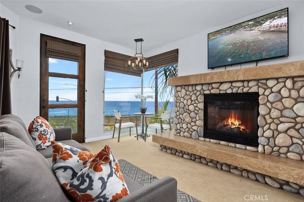 Fireplace, Interior, Living room, Pendant Lights, Water