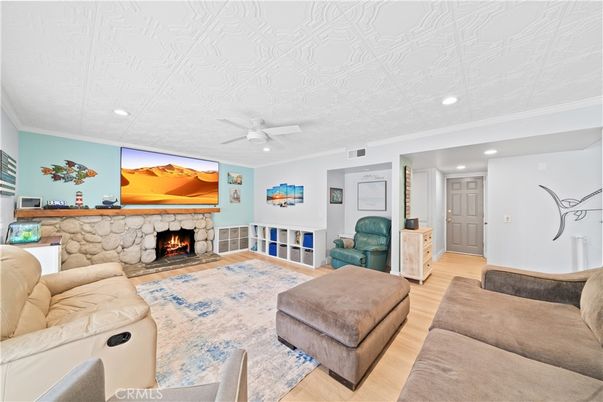 Fireplace, Interior, Living room, Recessed Lighting, Wood Texture Flooring