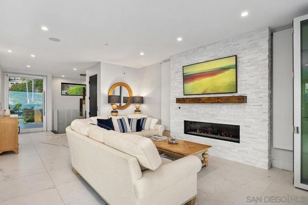 Fireplace, Interior, Living room, Marble, Recessed Lighting, Stone Walls