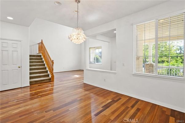 Chandelier, Empty room, Interior, Recessed Lighting, Wood Texture Flooring