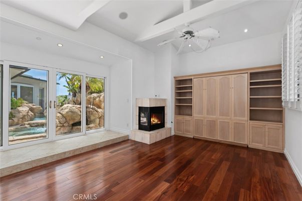 Empty room, Fireplace, Interior, Recessed Lighting, Wood Texture Flooring