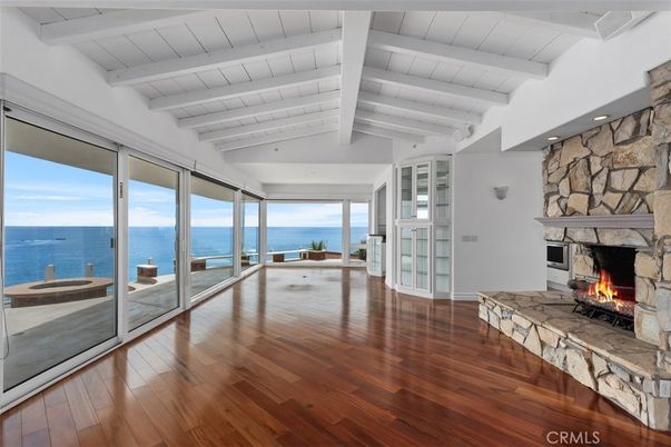 Fireplace, Interior, Stone Walls, Water, Wood Texture Flooring